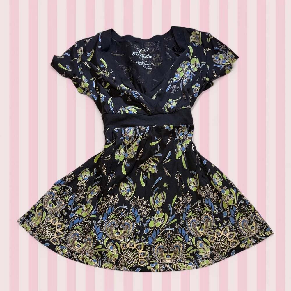 Original Currants 2000s Black Floral Paisley Babydoll Tie-Waist Top